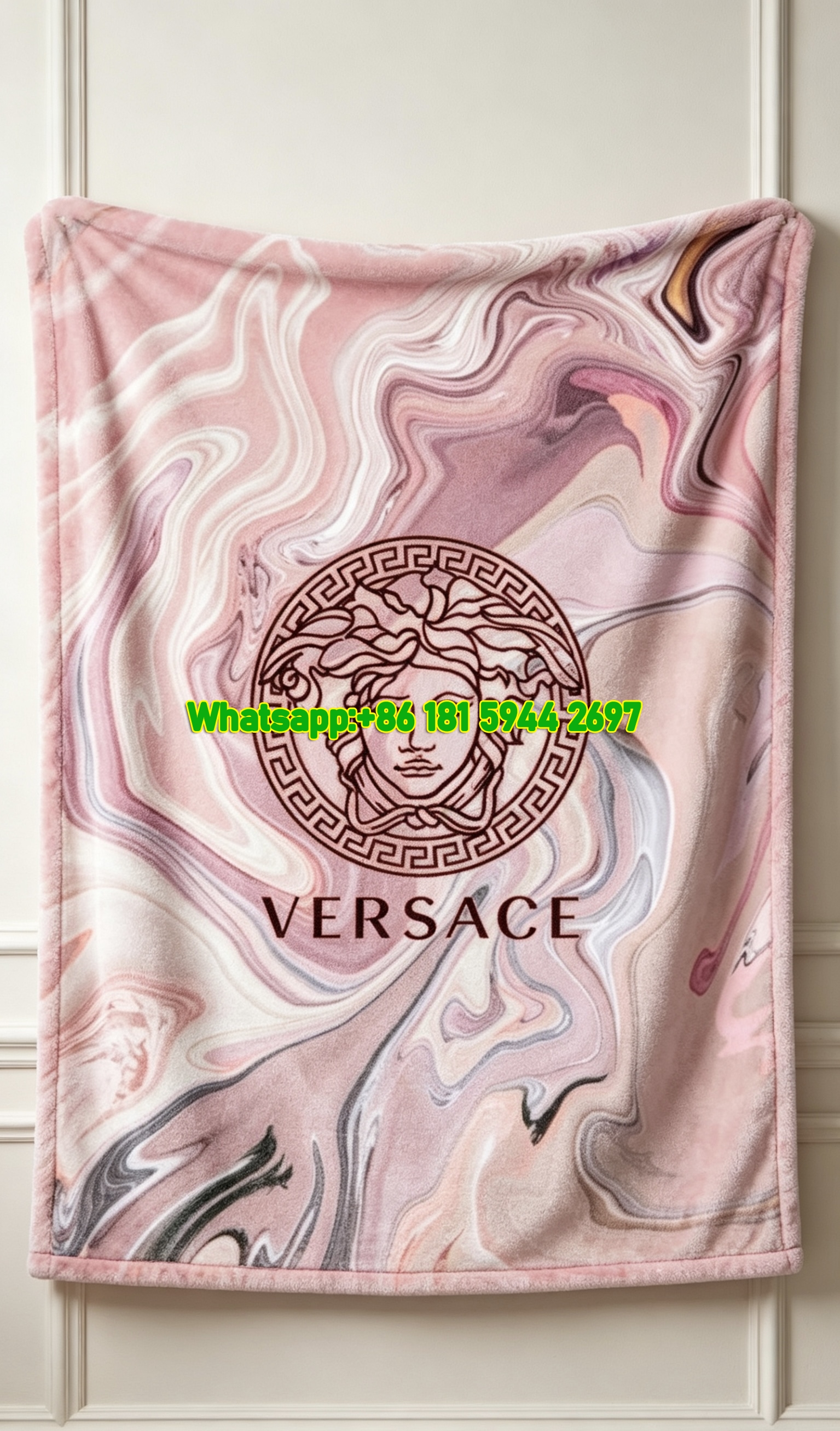 Pink and White Marble Versace Medusa Logo Fleece Throw Blanket IMG_1361